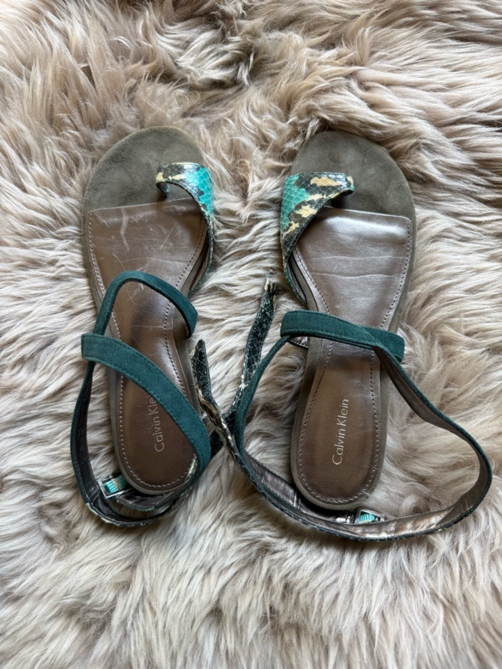 Calvin Klein Green Suede Sandals with Snake-Print Accent